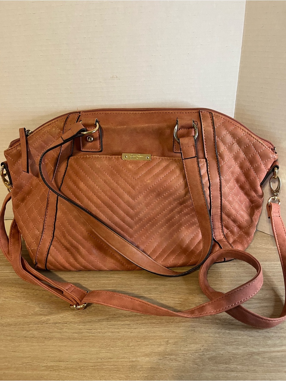 Jessica Simpson Quilted Crossbody Satchel in Coral